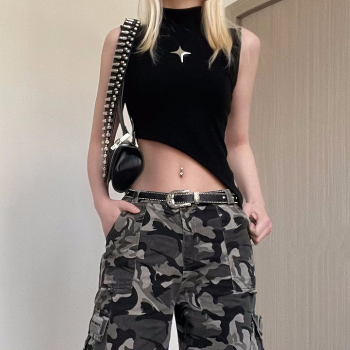Damen asymmetrisches Crop-Top mit modernem Design und dekorativen Details Drune