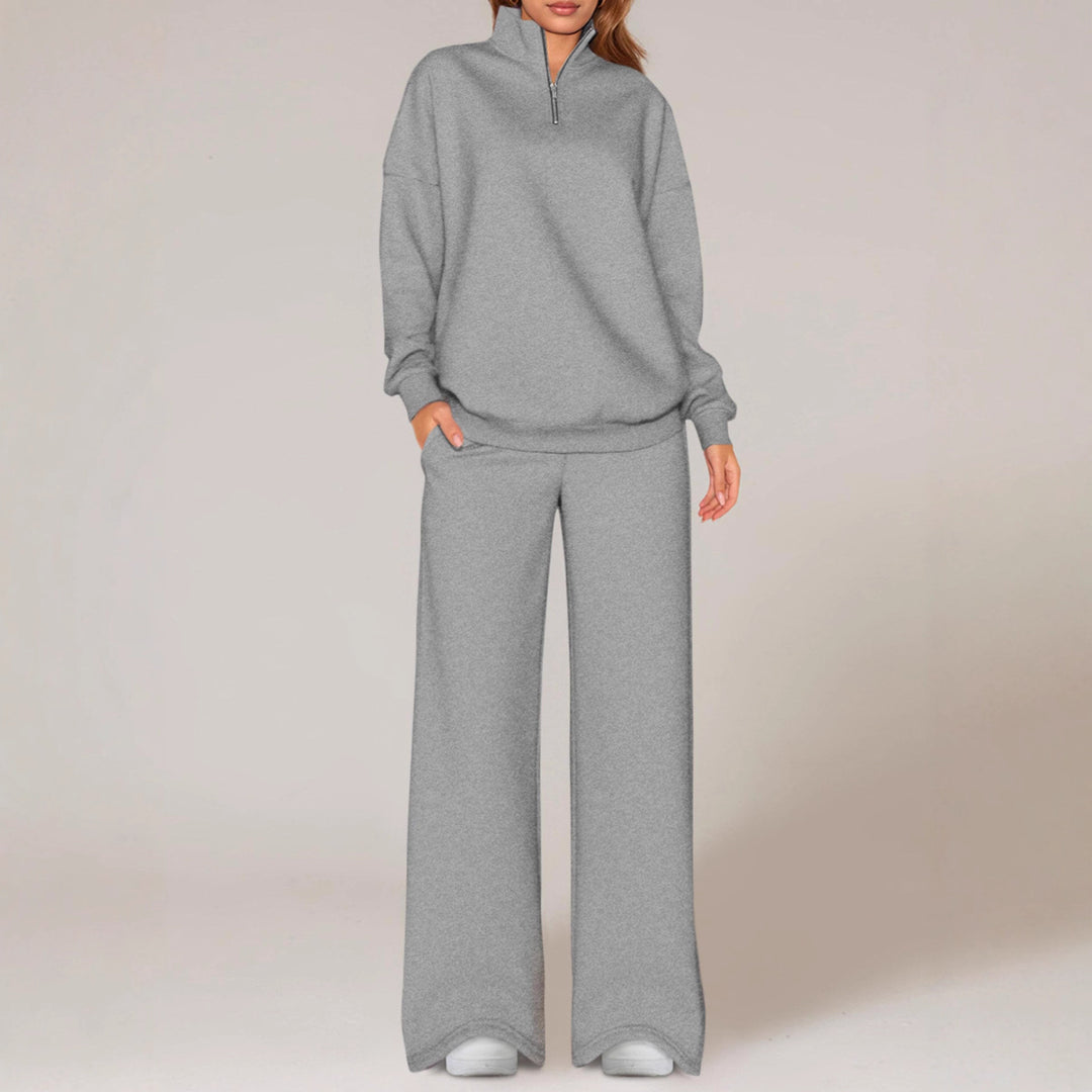 Damen lässiger Sweatpants-Set mit Stehkragen und Reißverschluss Drune
