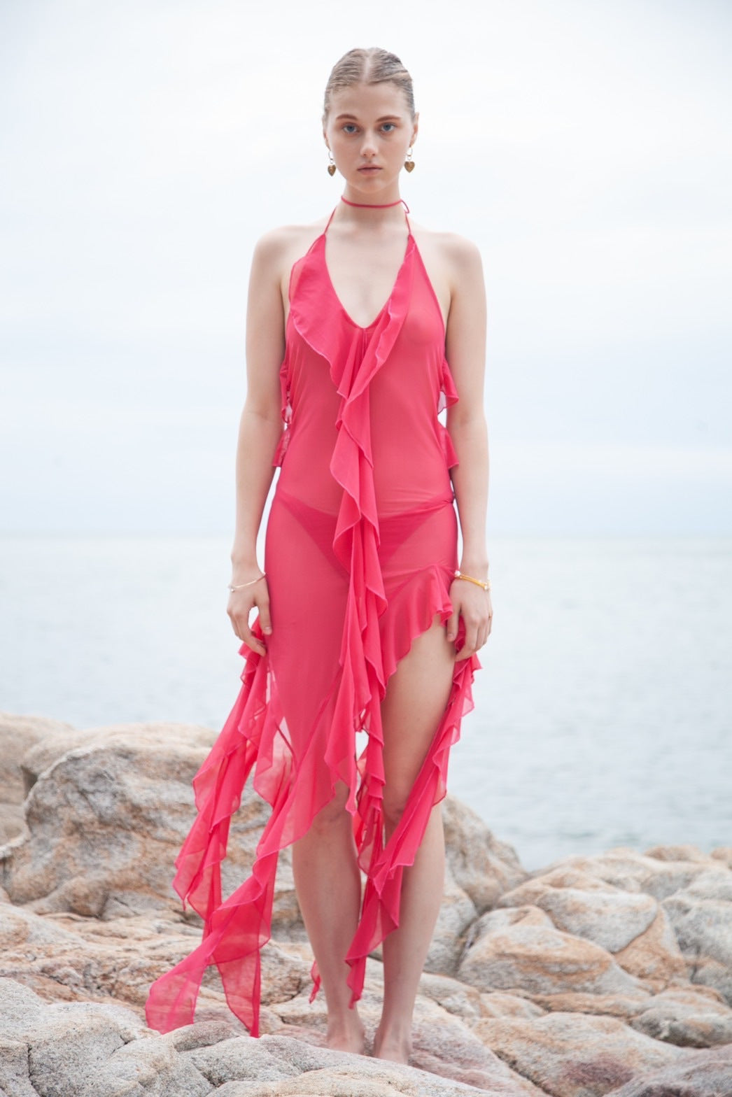 Damen luftiges Strandkleid mit Rüschendetails und spannender Transparenz Drune