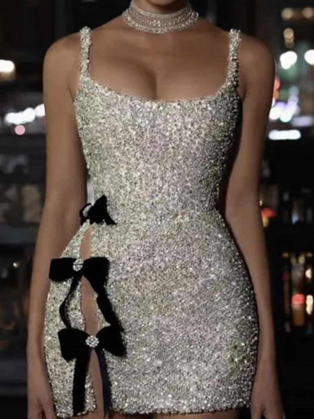 Damen Glamouröses Pailletten-Minikleid mit süßen Schleifen und figurbetontem Design Drune