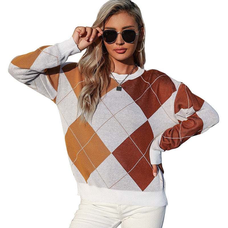 Damen lässiger Strickpullover mit modernem Rautenmuster Drune