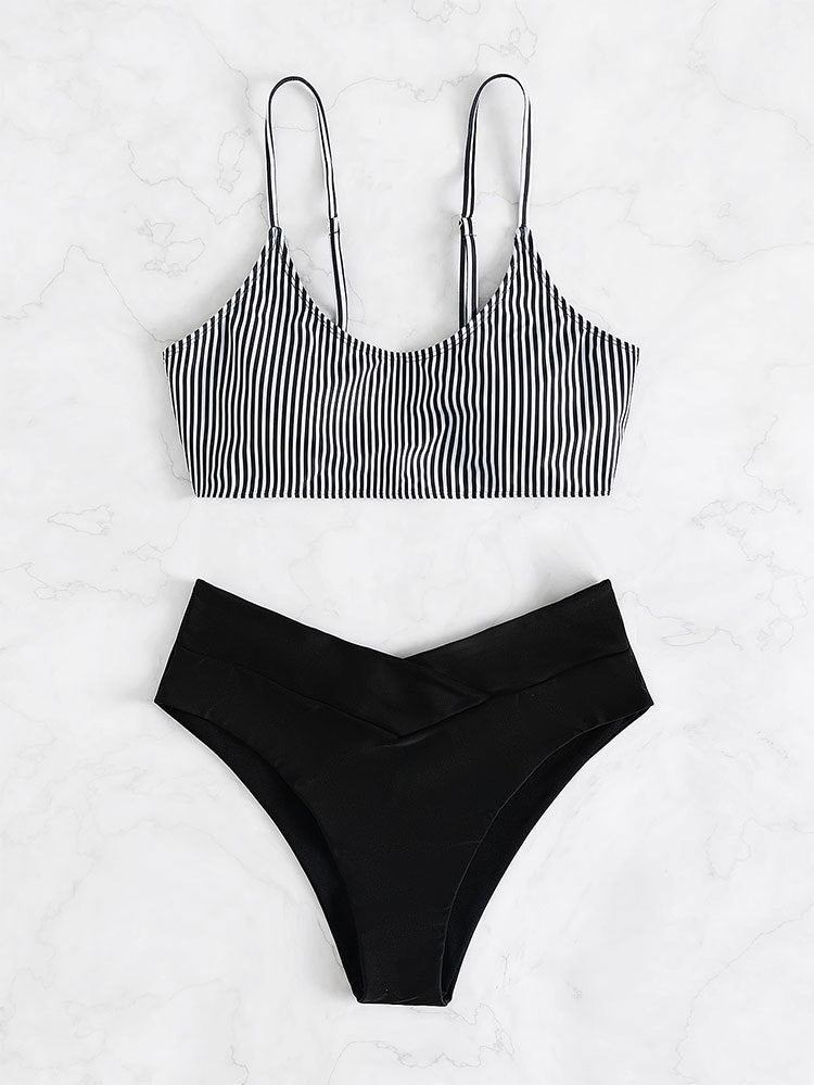 Damen Triangel-Bikini-Set mit modischem gestreiftem Oberteil und hochgeschnittenem Höschen Drune
