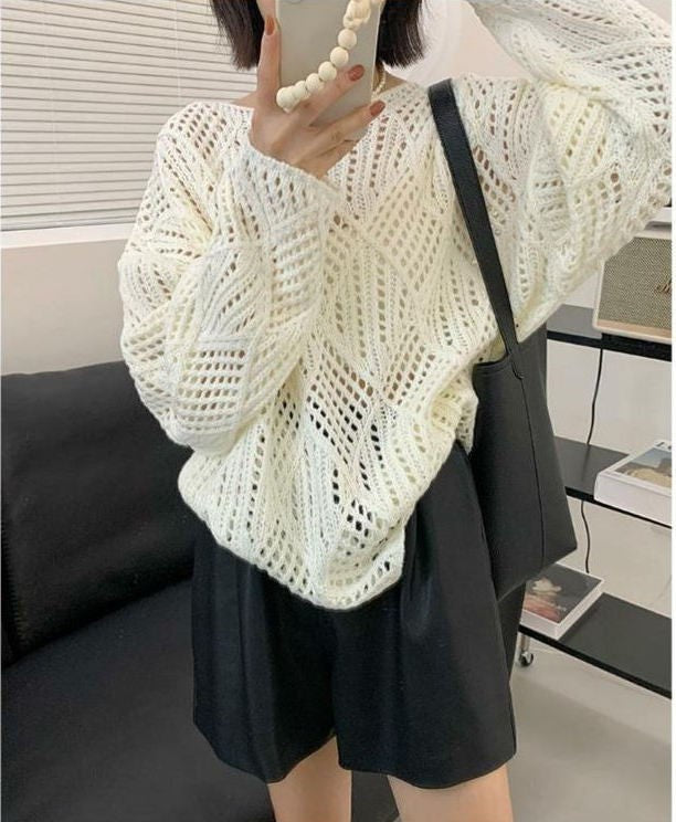 Damen luftiger Strickpullover im modernen Netzdesign Drune