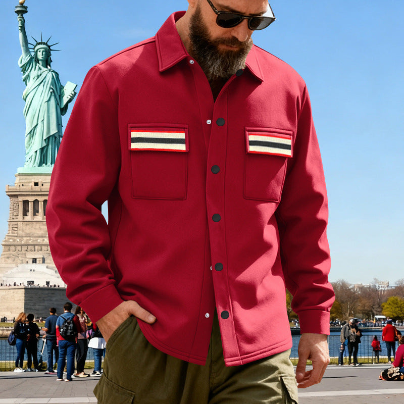 Herren nan Overshirt aus gewalktem Sweat mit aufgesetzten Brusttaschen und Retro-Streifen Drune
