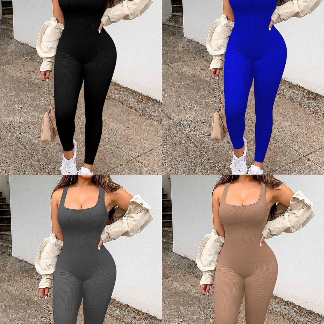 Damen Rippstrick Jumpsuit mit breiten Trägern und figurbetonter Passform Drune