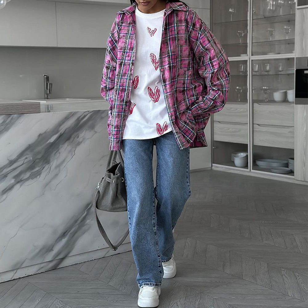 Damen lässige Karo-Hemdjacke im Oversized-Schnitt Drune
