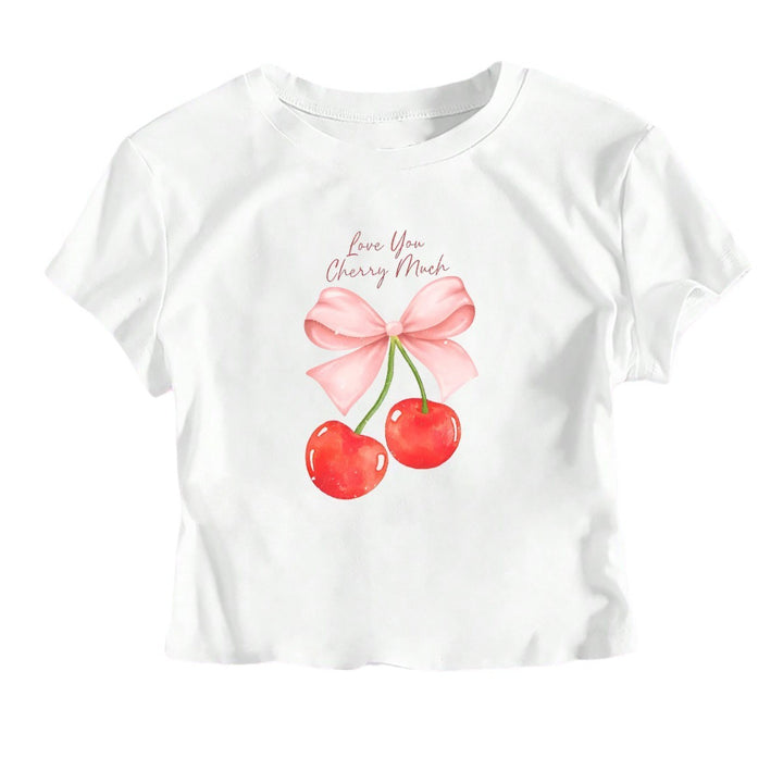 Damen Crop-Top mit fröhlichem Kirschmotiv und Schleifendruck Drune