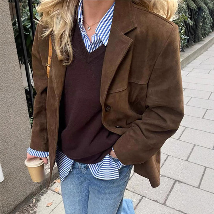 Damen Modischer Suede Blazer mit Taschen und elegantem Schnitt Drune