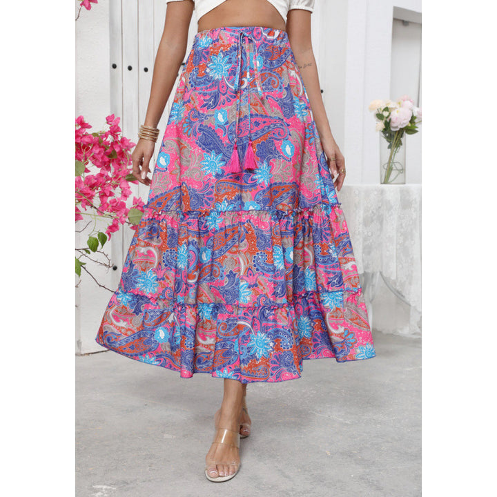 Damen Midi-Rock im verspielten Boho-Stil mit buntem Paisleymuster und voluminösem Saum Drune