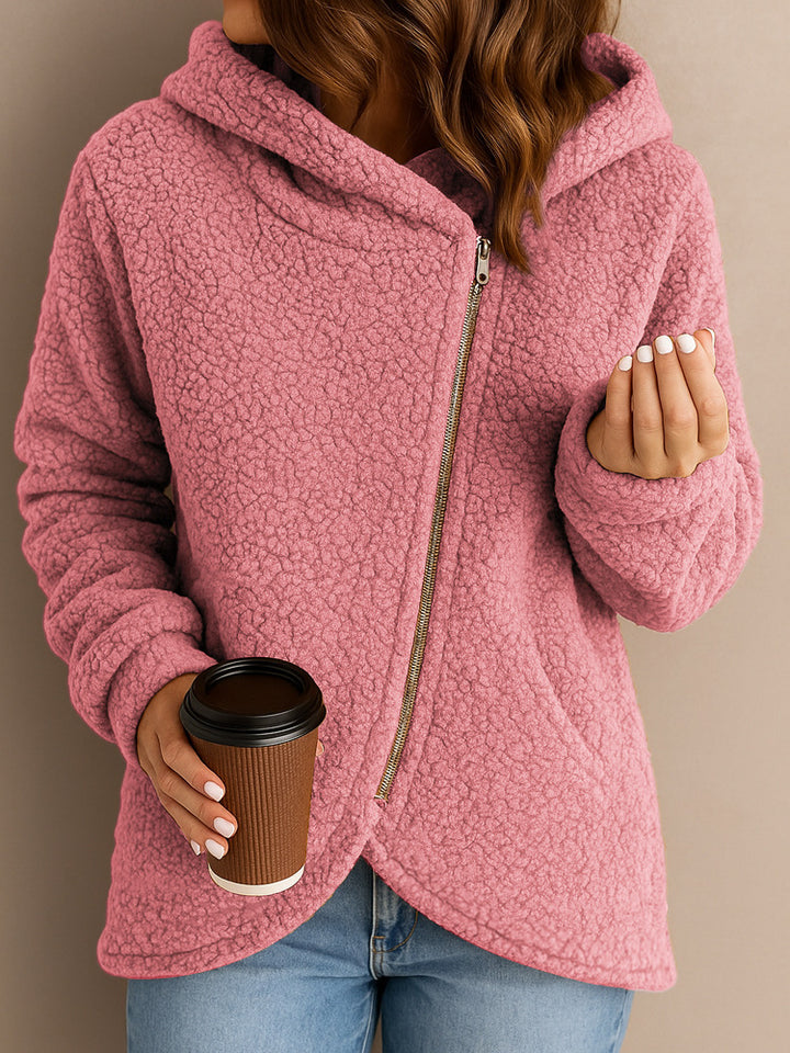 Damen Fleecejacke mit asymmetrischem Reißverschluss und Kapuze Drune