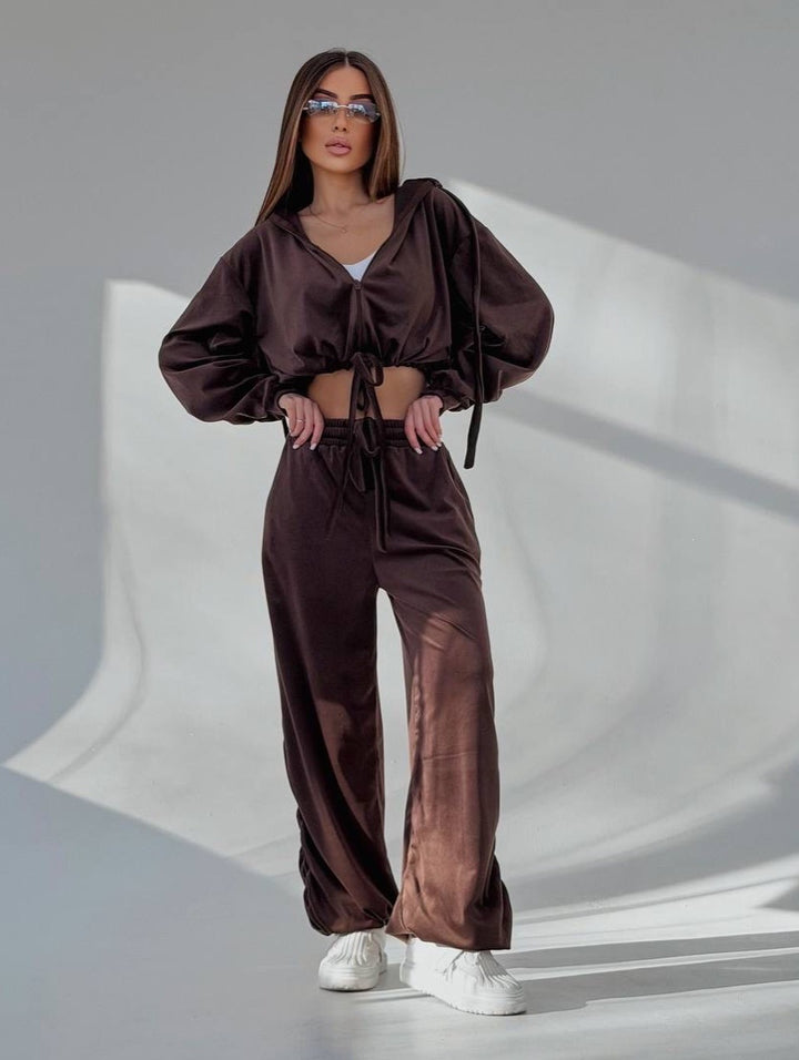 Damen Komfortables Lounge-Set mit lässigem Crop-Hoodie und weitem Hosen Drune