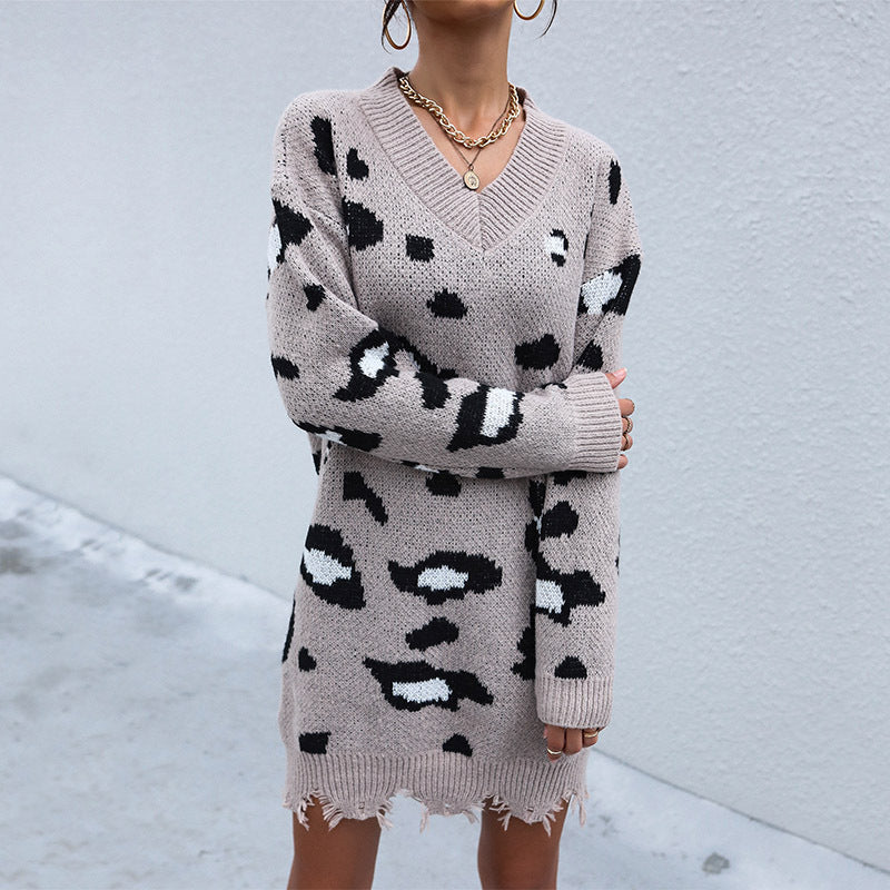 Damen Strickkleid mit verspieltem Leopardenmuster und lässigem Schnitt Drune