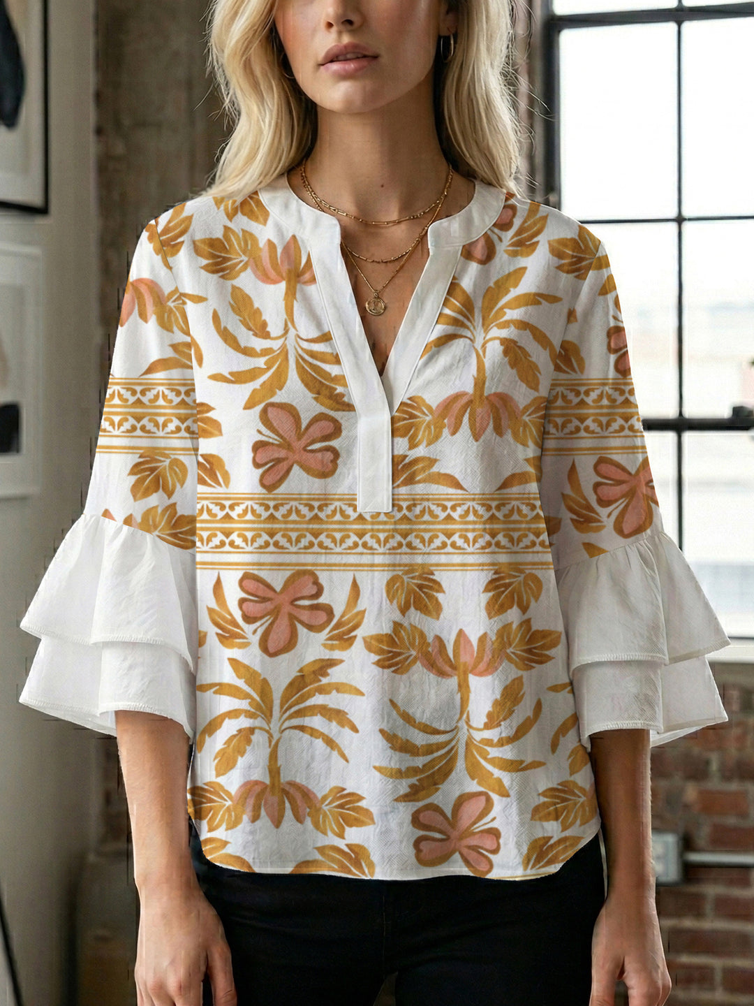 Damen lässige Bluse mit Volantärmeln und botanischem Druck Drune