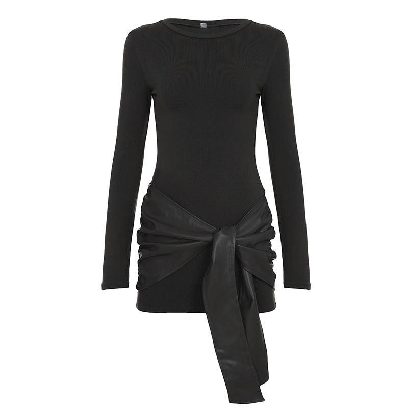 Damen nan tailliertes Longsleeve-Minikleid mit Kunstleder-Wickelbund und Drapé-Detail Drune