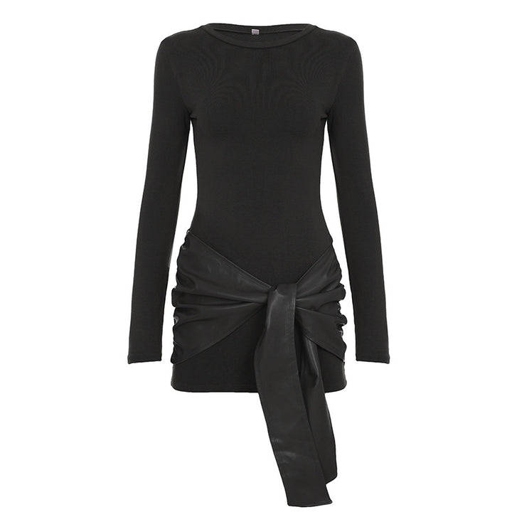 Damen nan tailliertes Longsleeve-Minikleid mit Kunstleder-Wickelbund und Drapé-Detail Drune