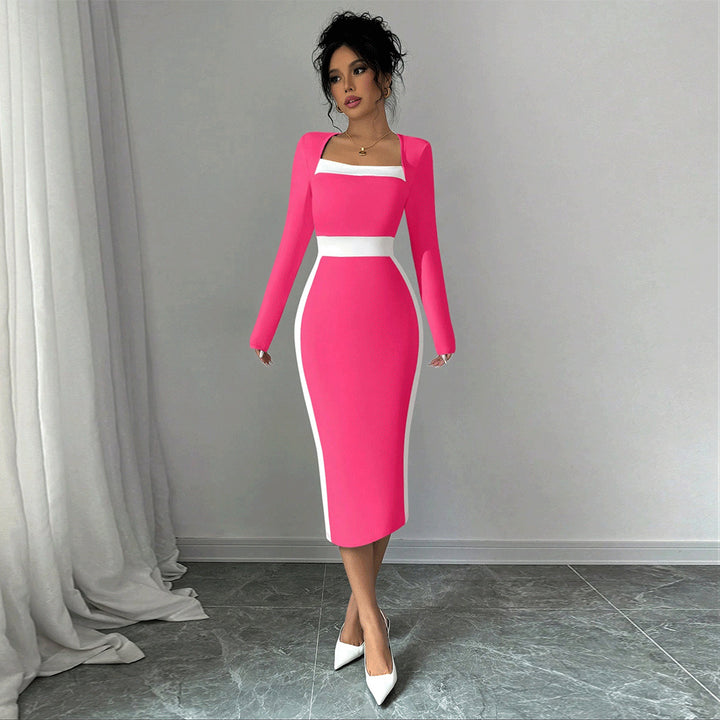 Damen figurbetontes Midi-Kleid mit quadratischem Ausschnitt und kontrastierenden Akzenten Drune