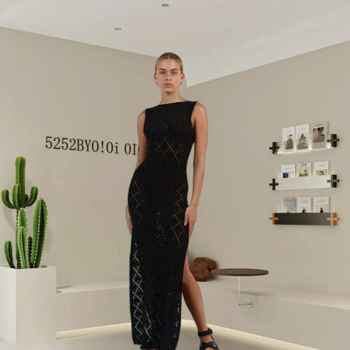 Damen Maxikleid mit dekorativem Rautengewebe und seitlichem Schlitz Drune
