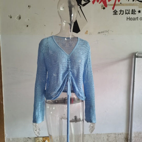 Damen angesagter V-Ausschnitt Pullover mit Raffung Drune