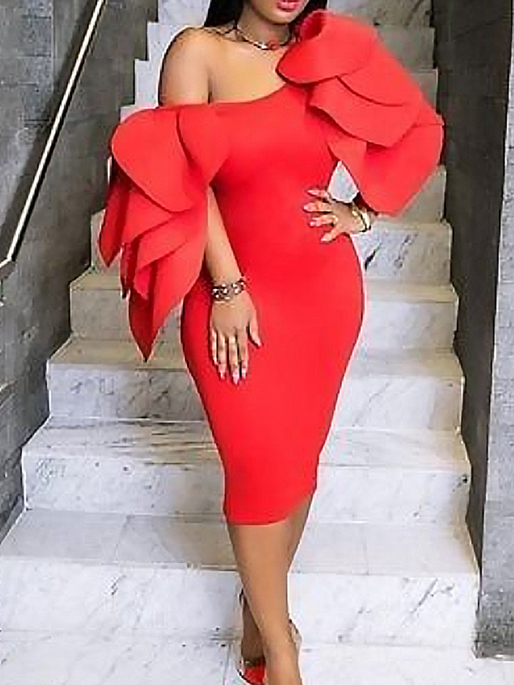 Damen figurbetontes Kleid mit asymmetrischen Rüschen Drune