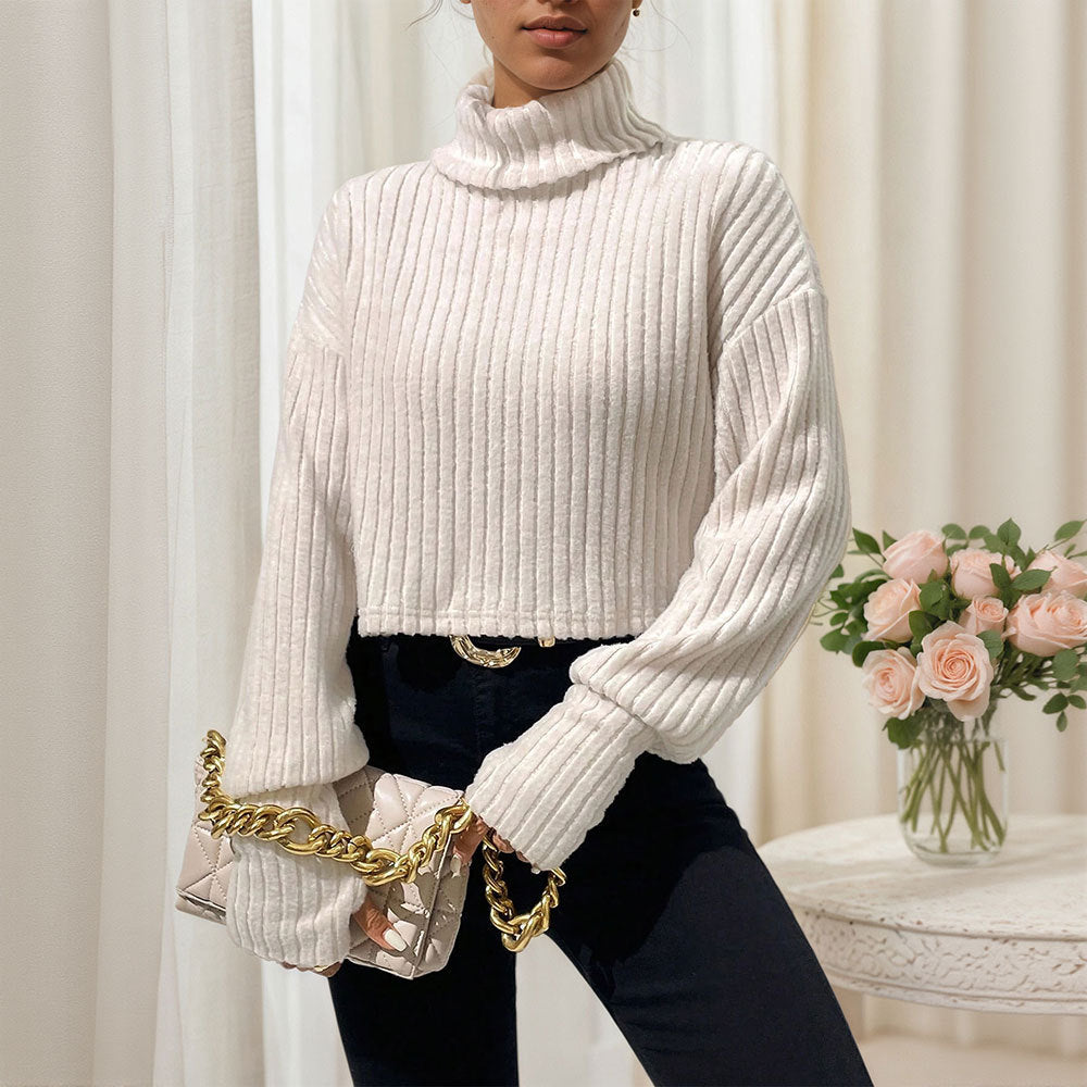 Damen cropped Pullover mit hohem Kragen und feiner Rippstruktur Drune
