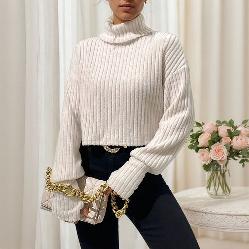 Damen cropped Pullover mit hohem Kragen und feiner Rippstruktur Drune