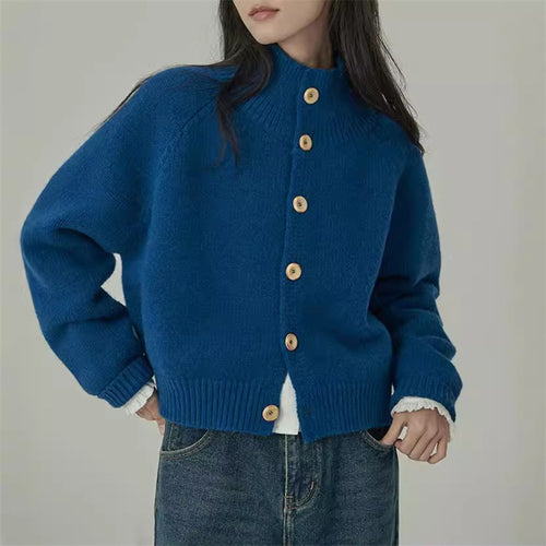 Damen knielange Strickjacke mit Stehkragen und modischen Holzknöpfen Drune