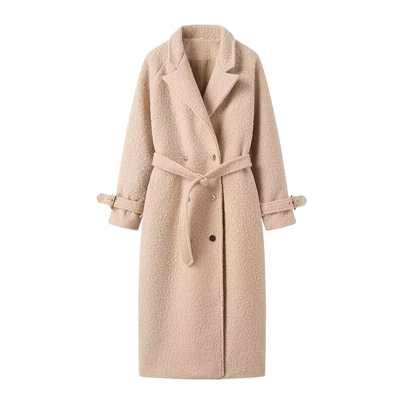 Damen eleganter Wollmantel mit Bindegürtel und stilvollen Knopfdetails Drune