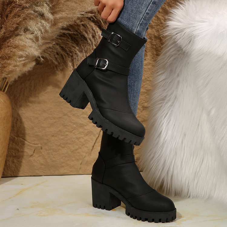 Damen nan klobige Biker-Ankleboots mit Profilsohle, dekorativen Doppelschnallen und seitlichem Reißverschluss Drune