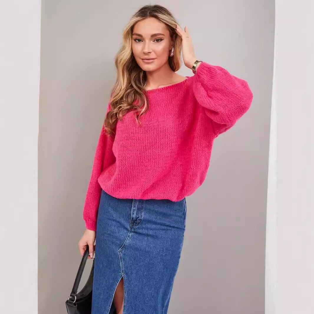 Damen lässiger Oversize-Pullover mit ballonförmigen Ärmeln und strukturiertem Maschenmuster Drune