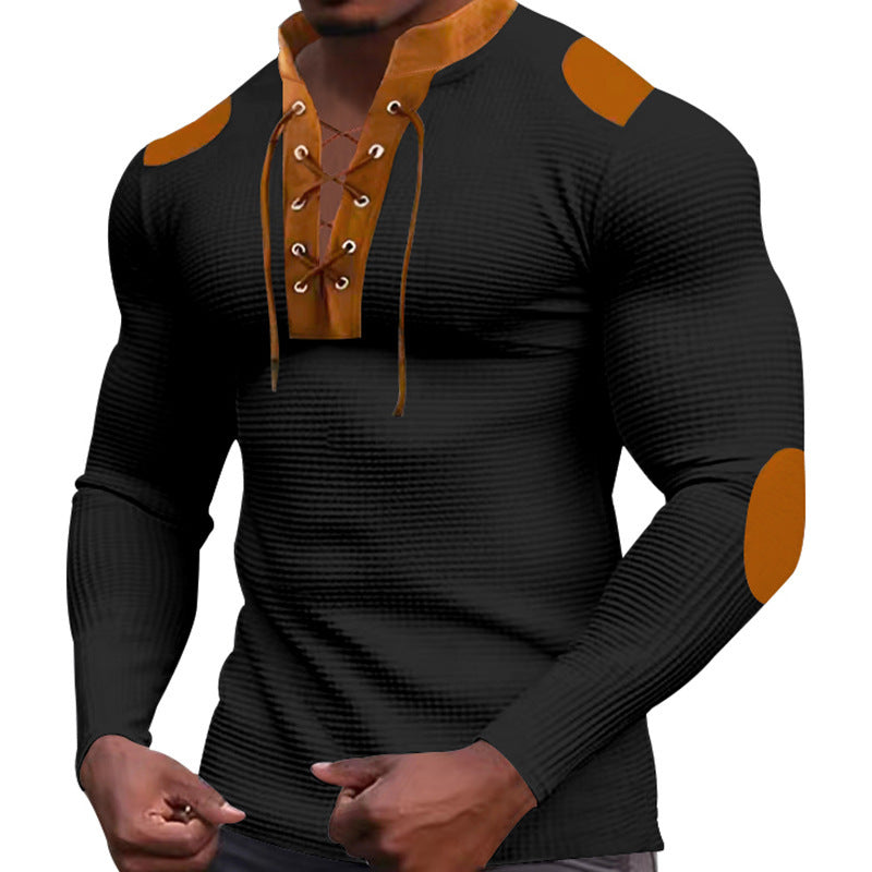 Herren Langarm-Henley-Shirt mit strukturiertem Gewebe und modischem Schnürdesign Drune