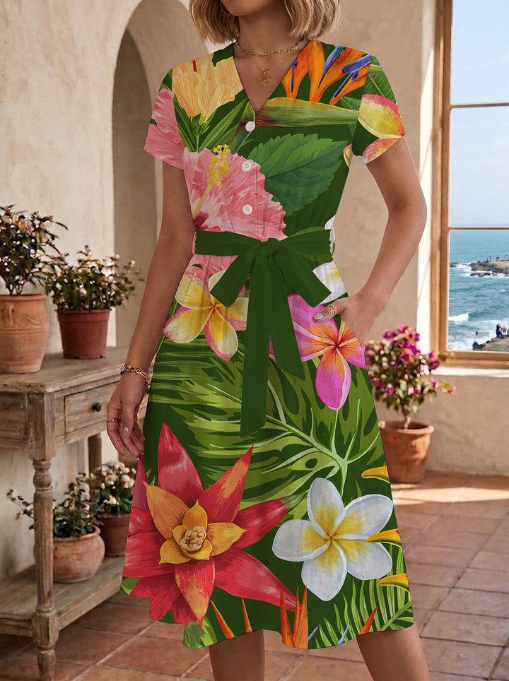 Damen Midikleid mit floralem Motiv und Taillengürtel Drune
