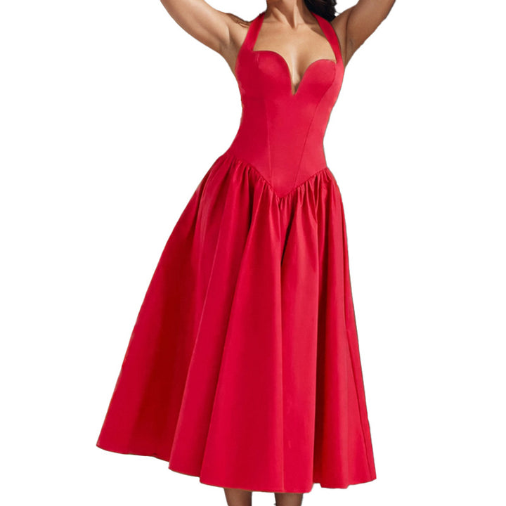 Damen Midi-Kleid mit herzförmigem Ausschnitt und voluminösem Rock Drune