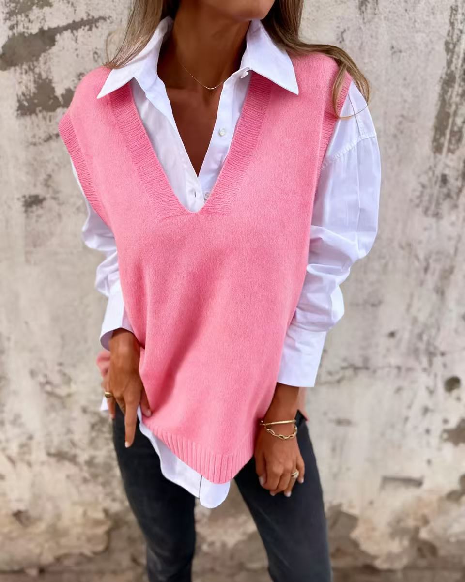 Damen lässiger Strickpullover mit V-Ausschnitt Drune