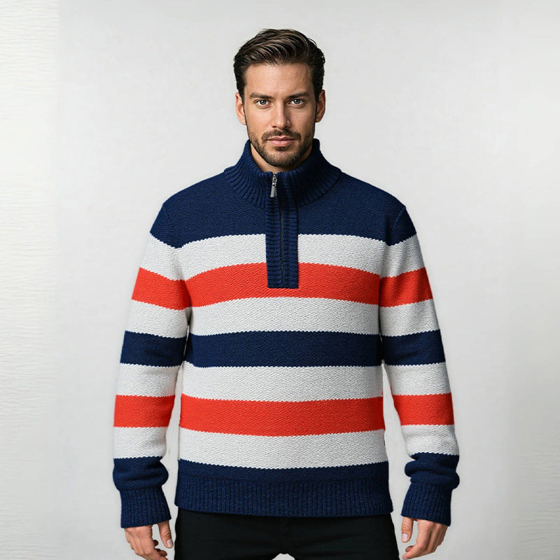 Herren modernes Strickpullover mit halbem Reißverschluss und Blockstreifen Drune