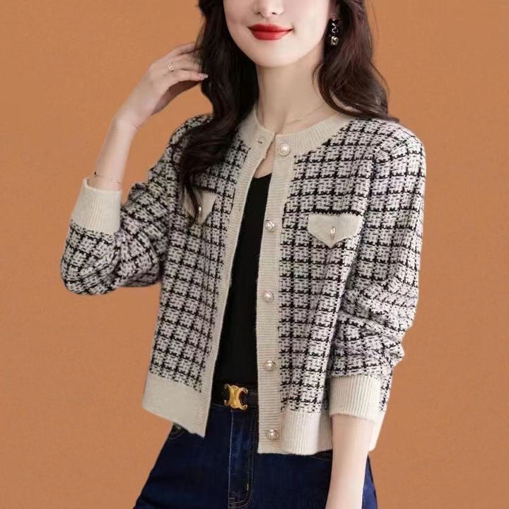 Damen klassische Strickjacke mit modischem Karomuster Drune