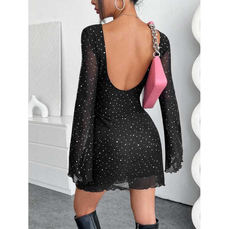 Damen schulterfreies Minikleid mit langärmligen Volantärmeln und tiefem Rückenausschnitt Drune