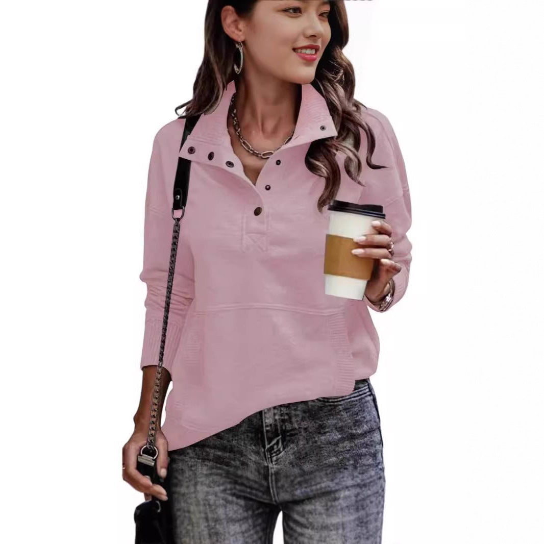 Damen sportlicher Pullover im Vintage-Style mit Stehkragen und Druckknöpfen Drune