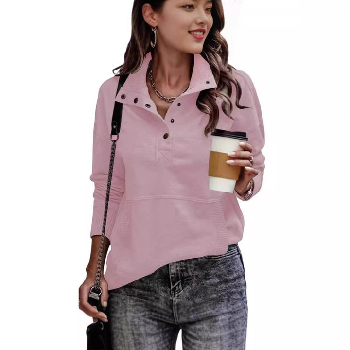Damen sportlicher Pullover im Vintage-Style mit Stehkragen und Druckknöpfen Drune