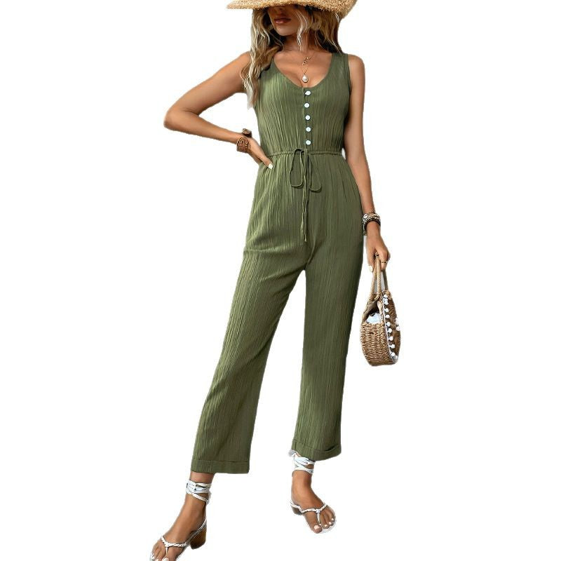 Damen stilvoller Jumpsuit mit Knopfleiste und elastischem Taillenzug Drune