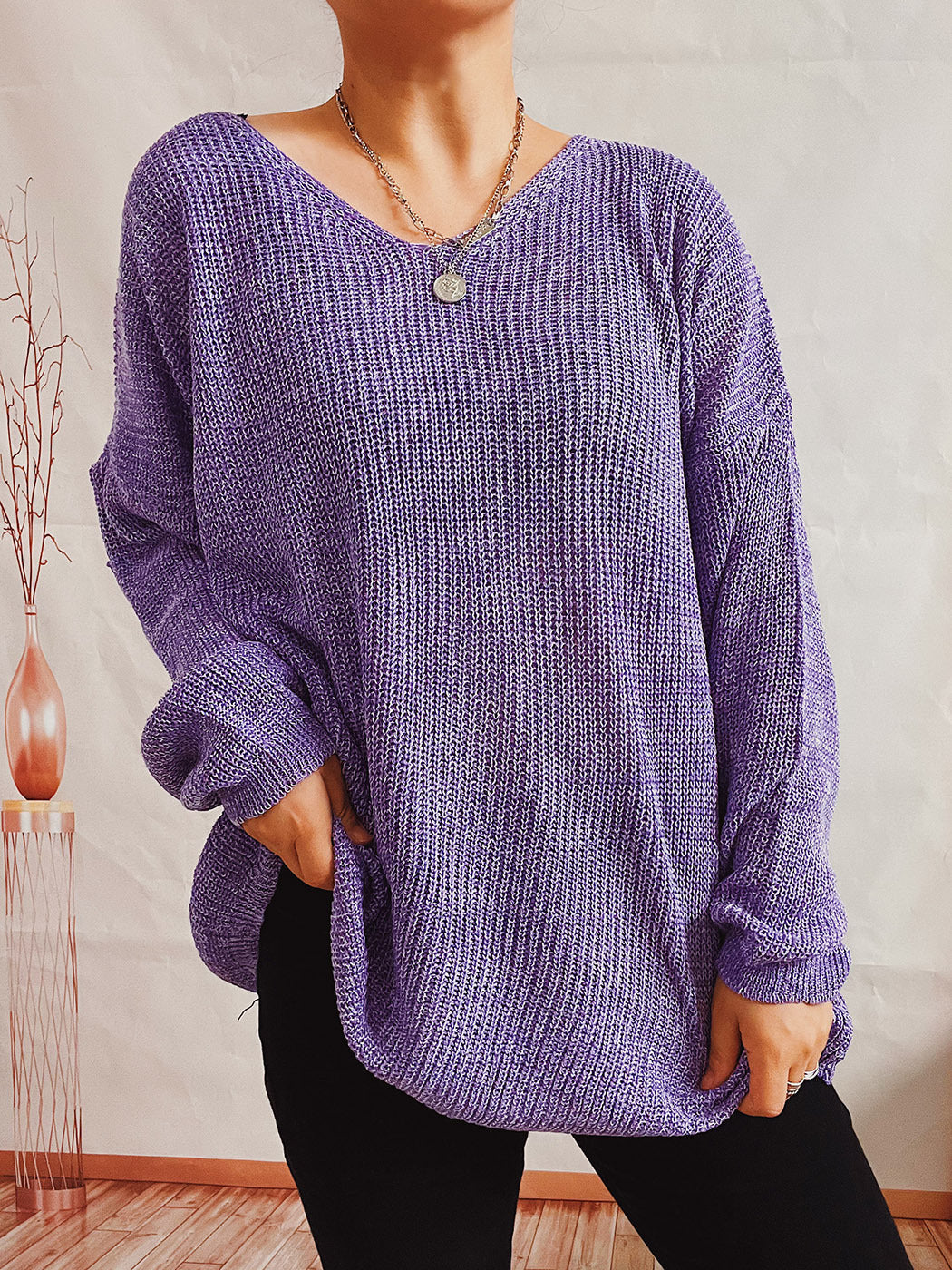 Damen lässiger Strickpullover mit modernem V-Ausschnitt Drune