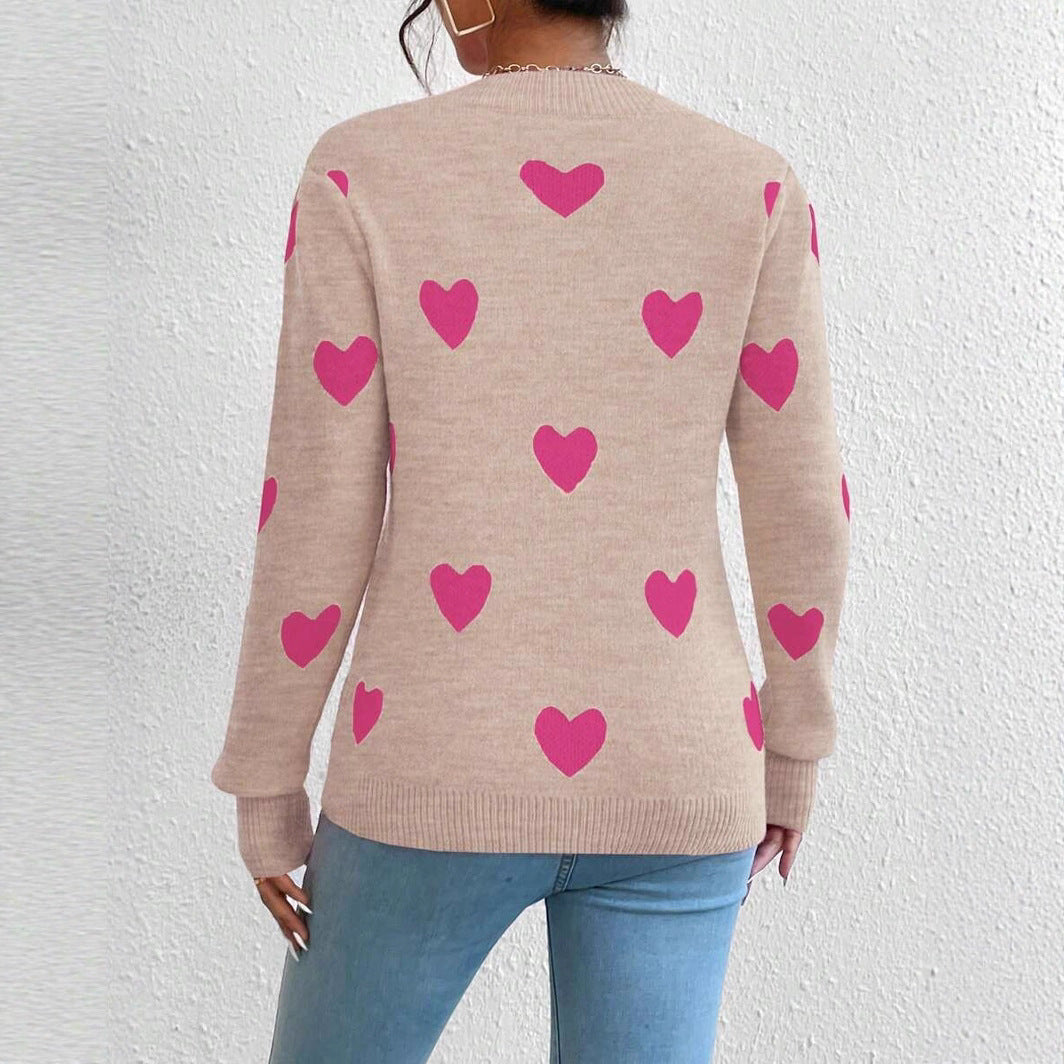 Damen Strickpullover mit herzförmigem Muster und hohem Kragen Drune
