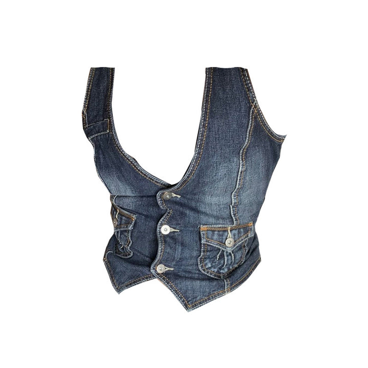 Damen Denim-Bustierjacke mit nostalgischem Spitzeneinsatz und dekorativen Knopfdetails Drune