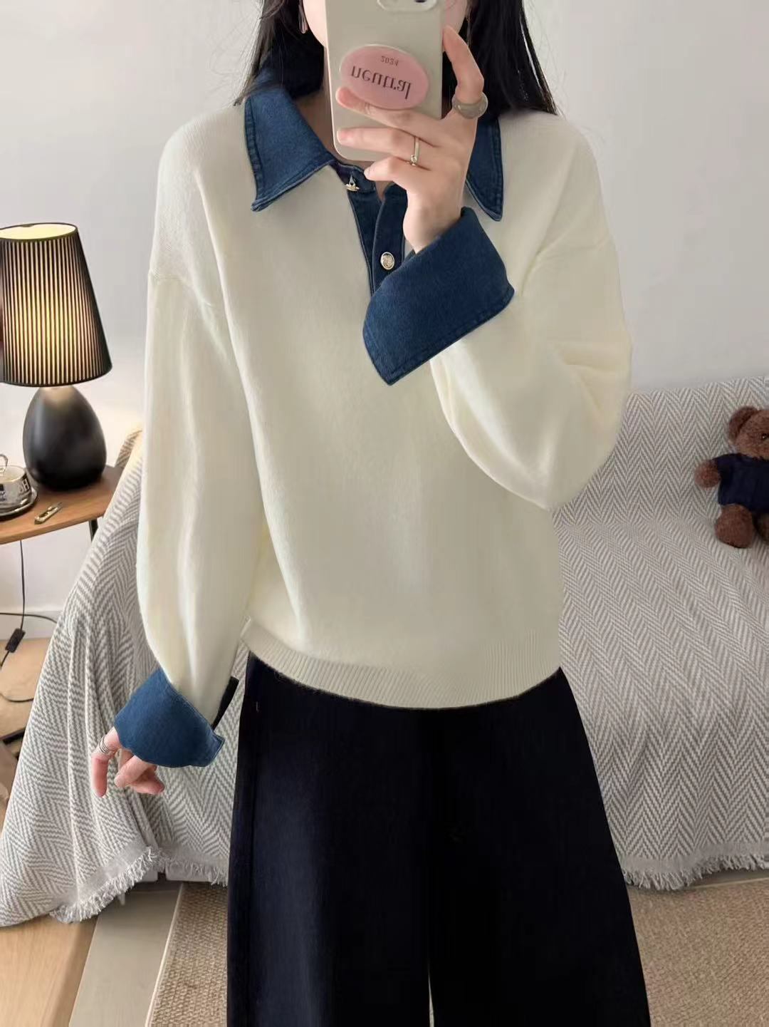 Damen Pullover mit modischem Hemdkragen und weichem Material Drune