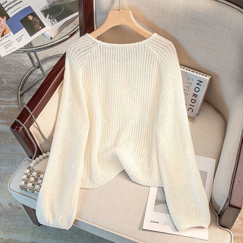 Damen lässiger Pullover mit Off-Shoulder Design und funkelnden Details Drune