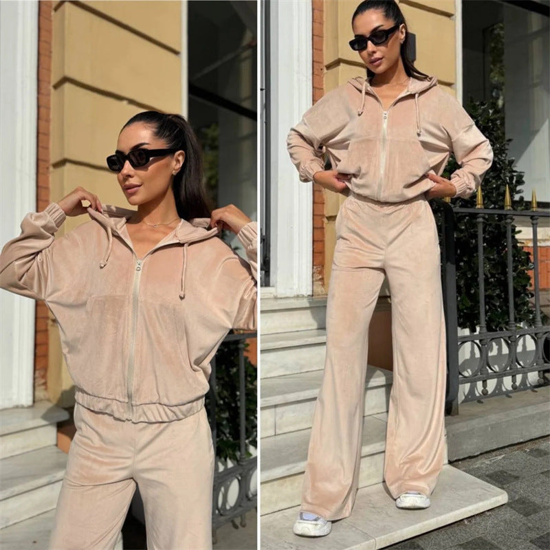 Damen Sportlicher Velours-Jogginganzug mit Kapuze und Komfort-Taille Drune