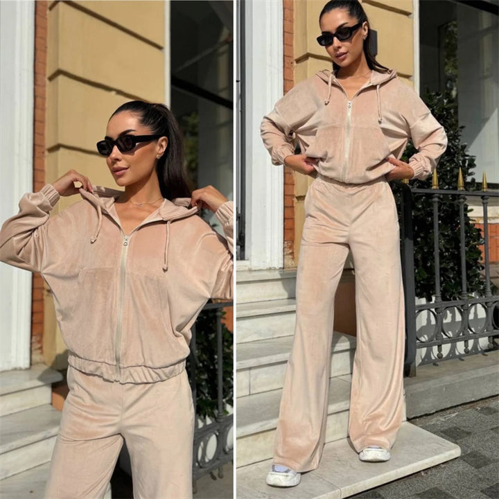 Damen Sportlicher Velours-Jogginganzug mit Kapuze und Komfort-Taille Drune