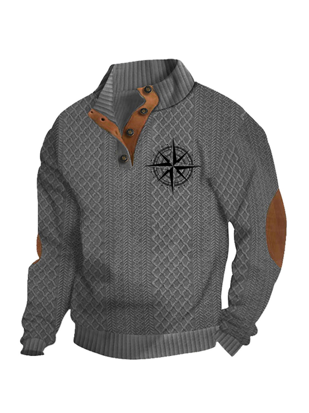 Herren nan Heritage-Strukturpullover mit Stehkragen Lederimitat-Besatz Ellenbogen-Patches und Halbknopfleiste Drune