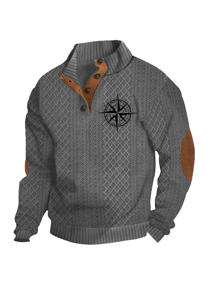 Herren nan Heritage-Strukturpullover mit Stehkragen Lederimitat-Besatz Ellenbogen-Patches und Halbknopfleiste Drune