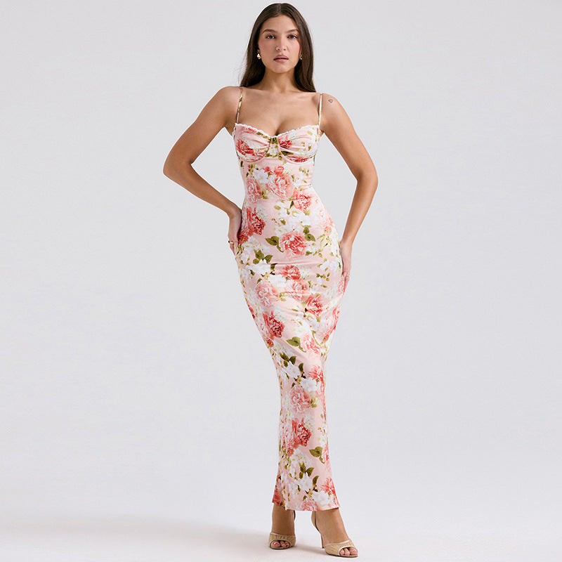 Damen Langärmeliges Satin Maxikleid mit floralen Rüschen Drune