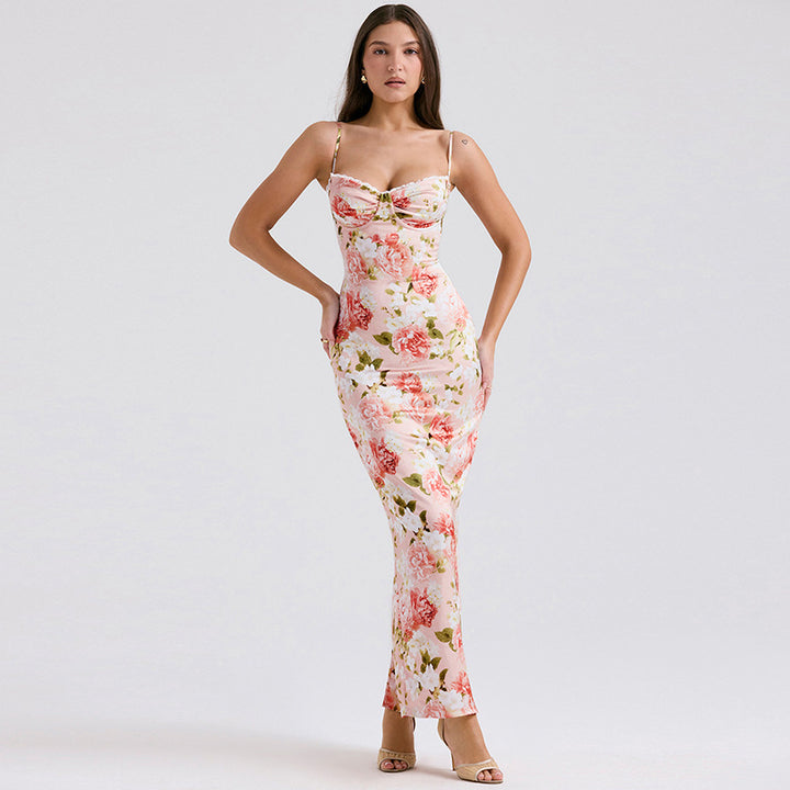 Damen Langärmeliges Satin Maxikleid mit floralen Rüschen Drune